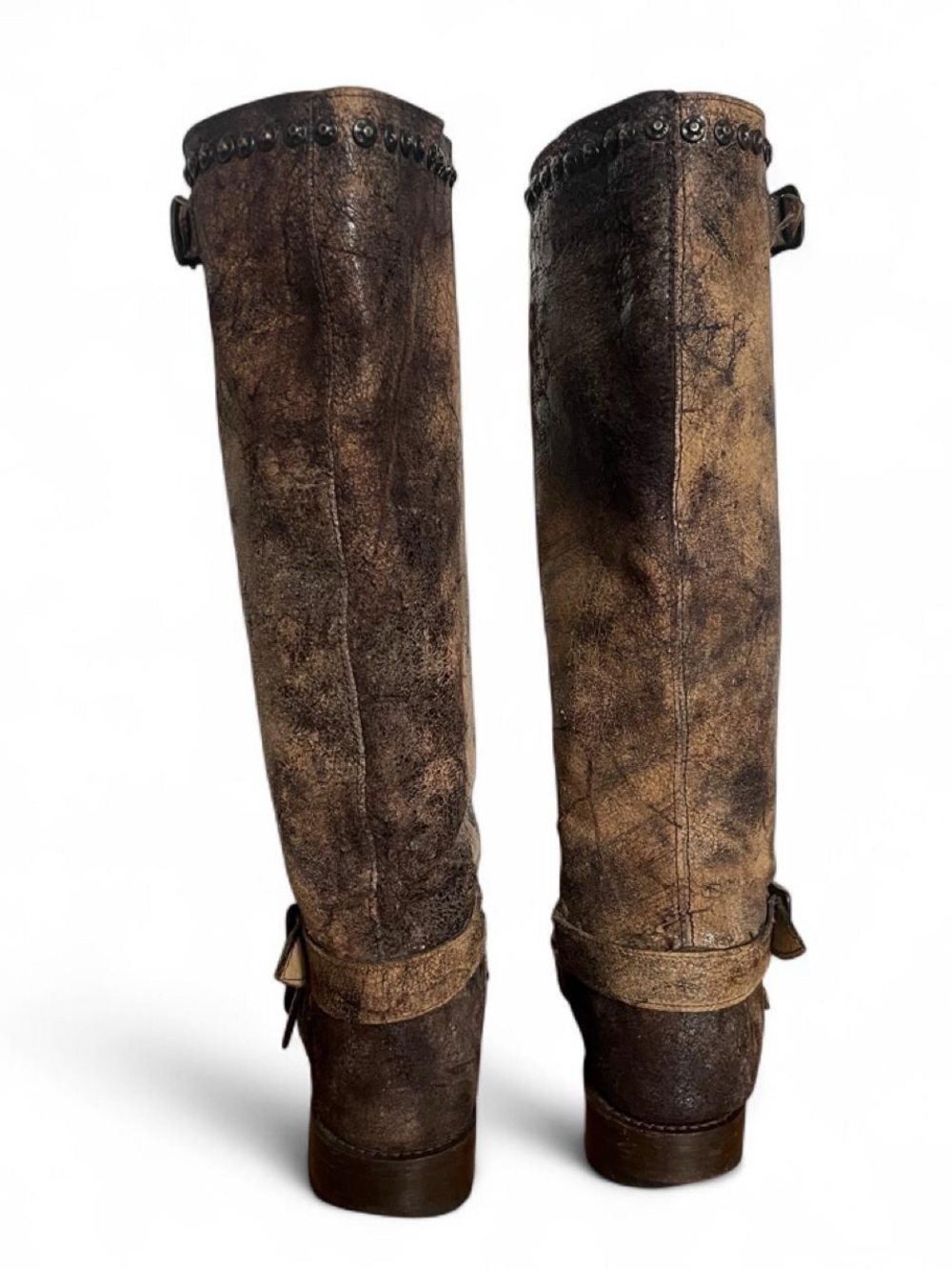 Frye Distressed Brown Studded Leather Knee Riding Boots - Picture 5 of 7